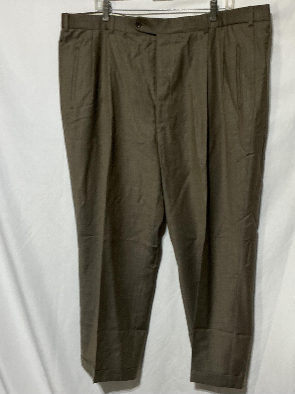 Arnold Brant Men's Pleated 140s Cashmere Dress Cuff Pants in Olive Sz 44X29